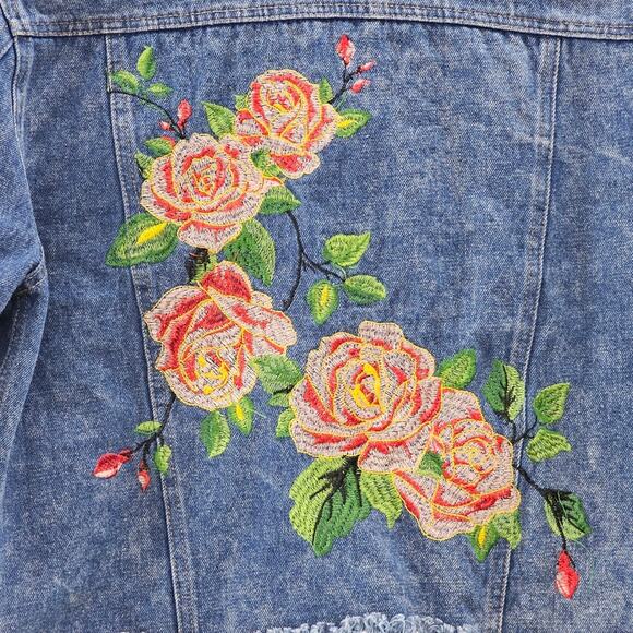 Sans Souci Jean Jacket Women's Size Small Embroidered Floral Cropped Distressed - Picture 4 of 16
